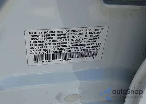 2013 Acura Ilx 2.0L из США, поврежденный, VIN 19VDE1F73DE016650